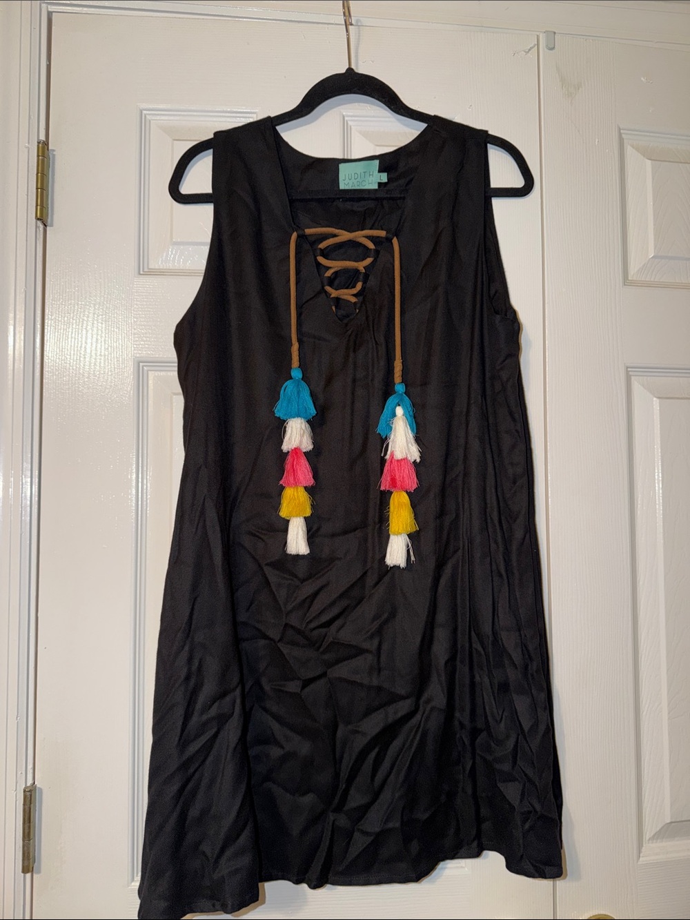 Judith March Black Sleeveless Dress with Multicolor Tassels
